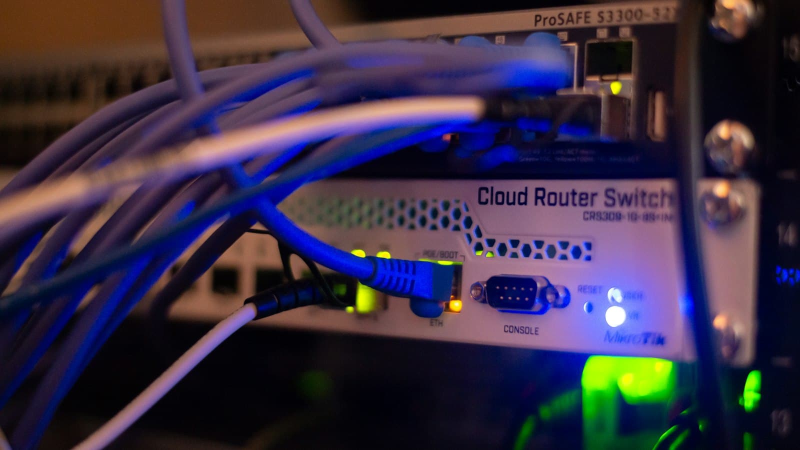 Close-up of a network switch with cables connected